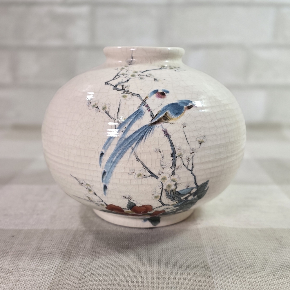 Vintage Tresure Craft Asian Art Crackle Vase w Birds Branches Flowers an…